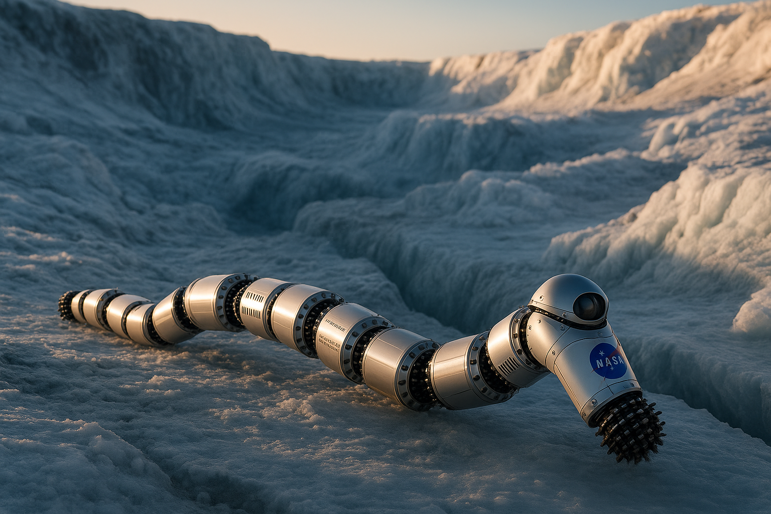Image of a snake-like robot (EELS) developed by NASA for the exploration of extreme environments, such as the moon Enceladus