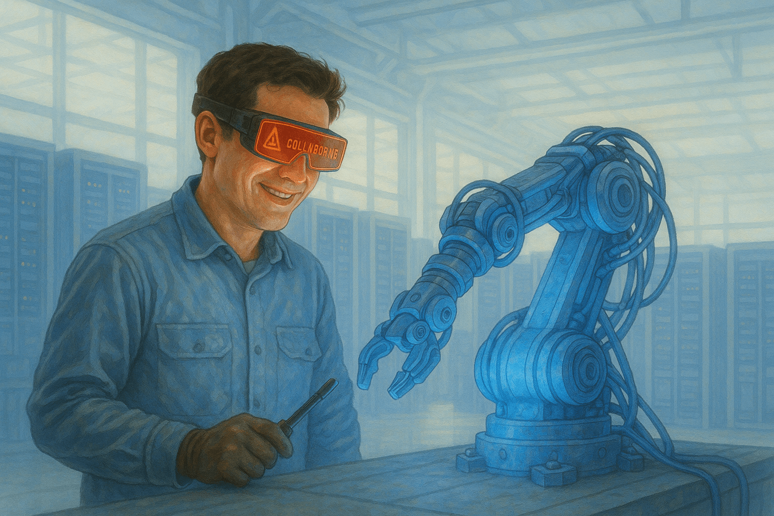 Dystopian factory setting with a lone, stressed human worker and an AI surveillance system.